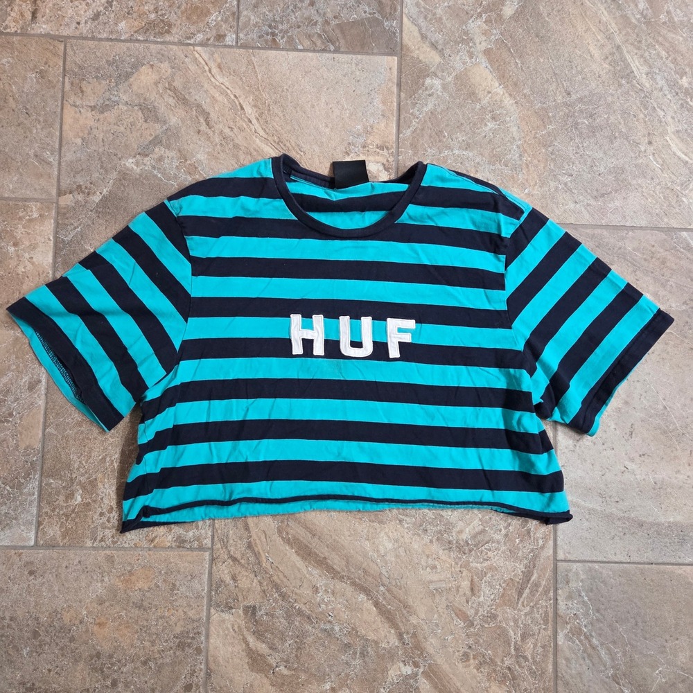 HUF Womens Striped Cropped T Shirt‎ Teal Black Logo XL Raw Edge